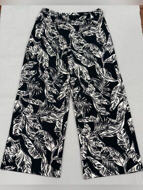 Dennis Basso Tropical Print Luxe Crepe Wide-Leg Pants Black White L